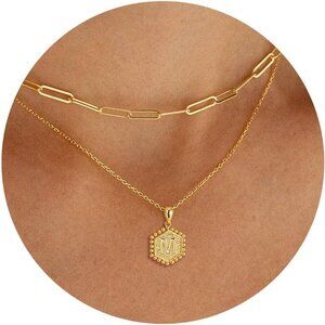 Elegant 18K Gold Layered Initial Necklaces for Women with Hexagon Charm, Perfect